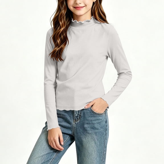 Girls Mock Neck Long Sleeve Layering Shirt, Ruffle Trim Slim Fit Tee, Soft Modal Cotton Blend Undershirt for Kids,Size 5-6T