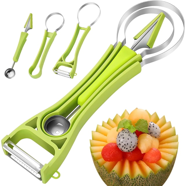 Juego de cucharadas de melón 4 en 1, de acero inoxidable para sandía, cortr de frutas, pelr de semillas (verde)