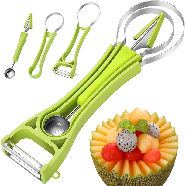 Juego de cucharadas de melón 4 en 1, de acero inoxidable para sandía, cortr de frutas, pelr de semillas (verde)