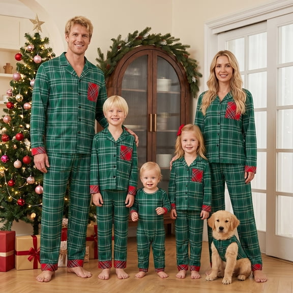 AIGUR Family Matching Christmas Pajama Set, Family Matching Christmas Pajamas Plaid Long Sleeve Button Down Tops Pants
