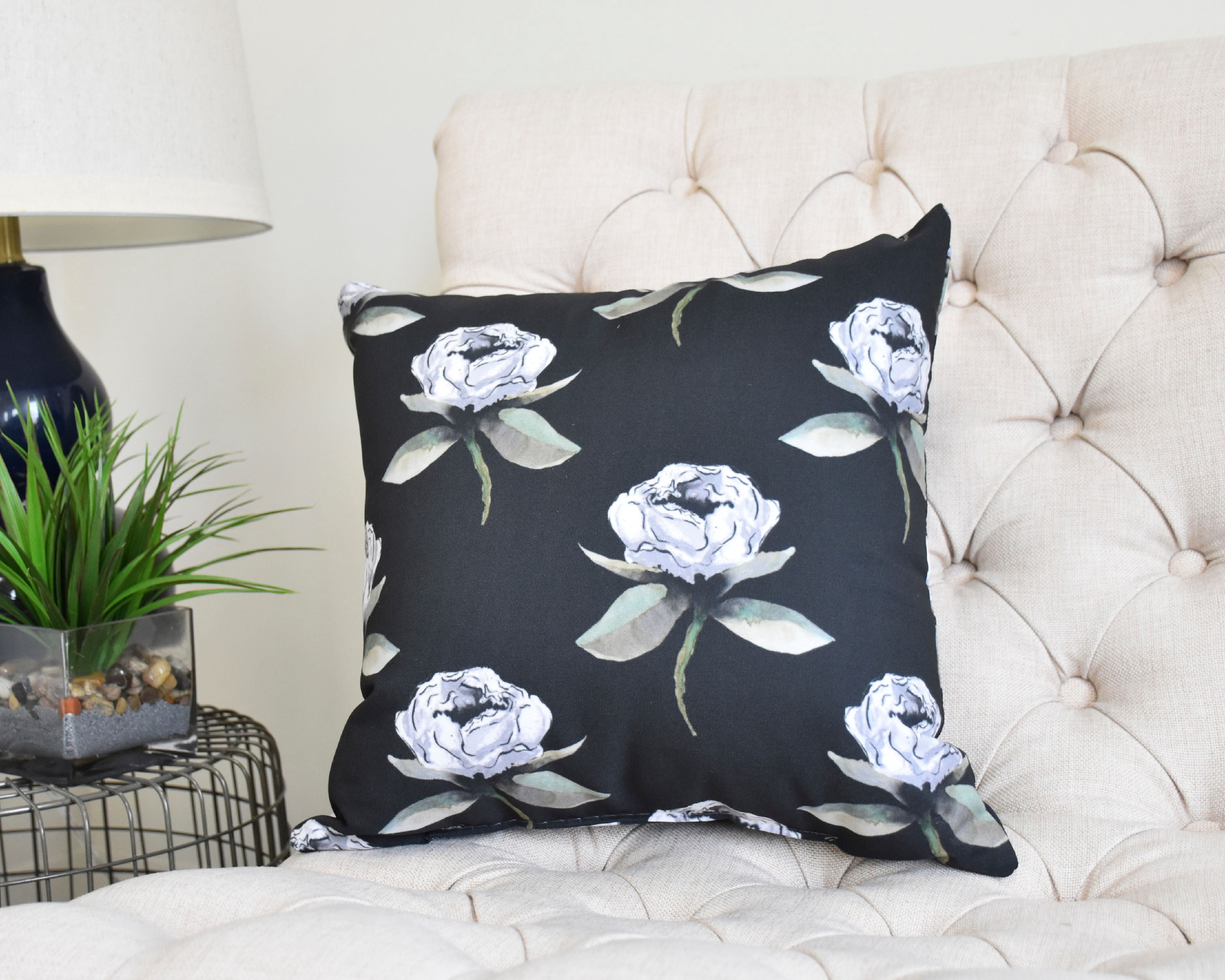 Floral Bunch 18 Inch Black Floral Print Decorative Throw Pillow