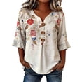 thumbnail image 2 of SOFTCCLO USA 250th Anniversary Merchandise Women 3/4 Sleeve V Neck Independence Day Print T-shirts 250th Button Up Stylish Top Beige L, 2 of 4