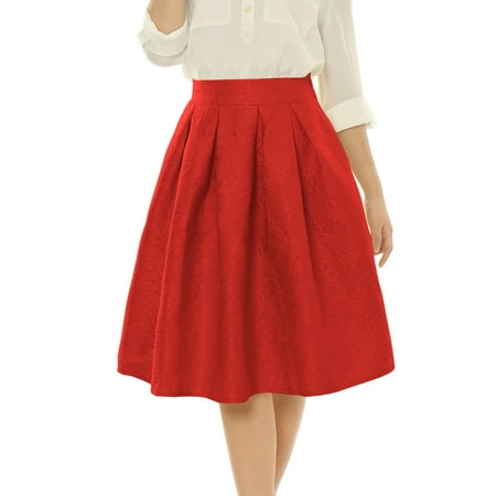 - Women High Waist Floral Jacquard Pleated Full Skirt