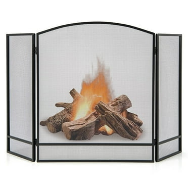 Kadyn Fireplace Screen, Fire Place Gate Protector,3-Panel Foldable Fireplace Screen with Wrought Metal Mesh-Black