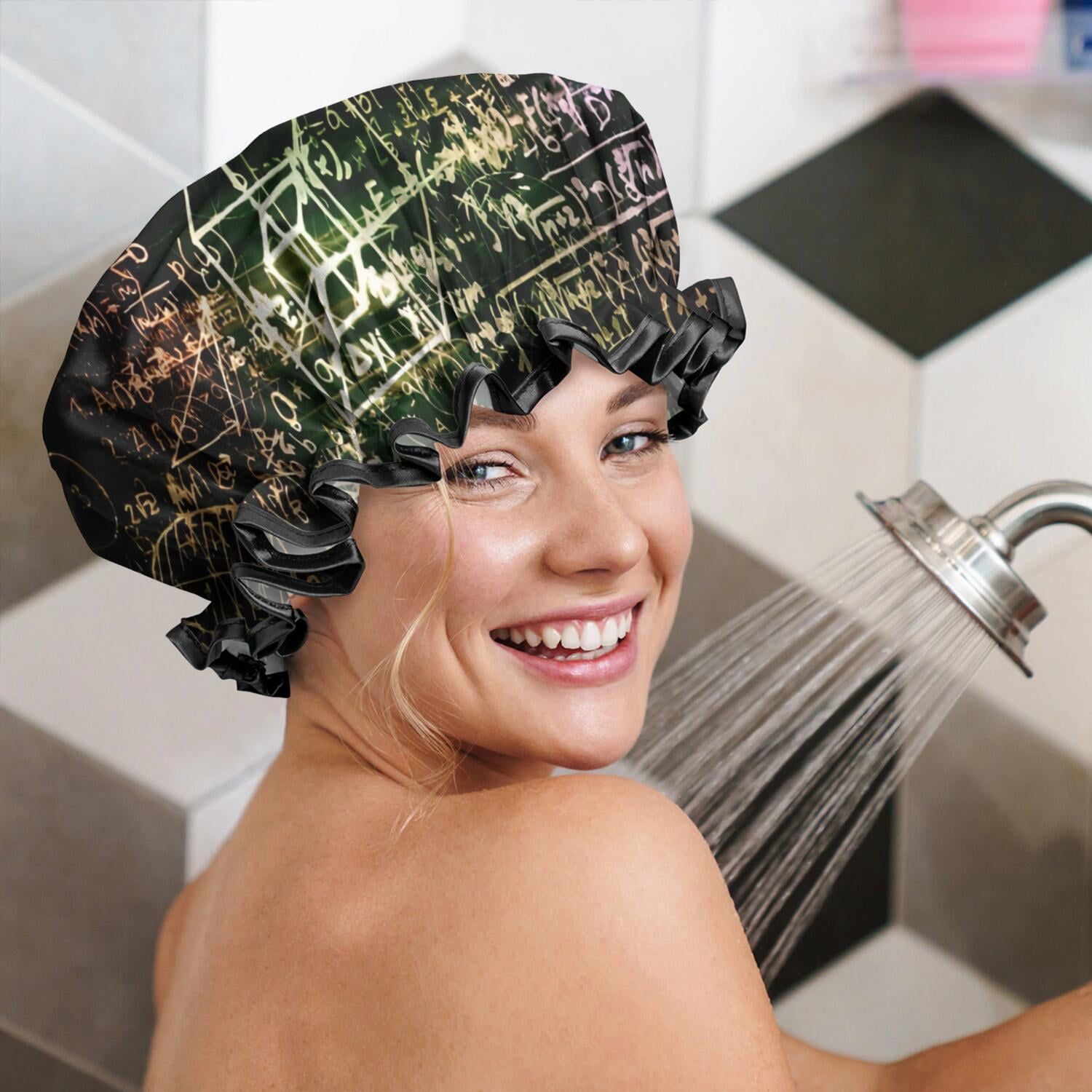 Shower Caps,Math Equations Glowing Formulas Black Pattern Waterproof Shower Cap for Women 4 Pieces,Double Reusable Hair Cover for Shower PEVA Elastic Stretch Hem
