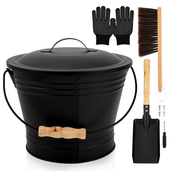 LINFANG 1.5 Gallon Ash Bucket with Lid Metal Ash Bucket with Shovel and Broom Metal Finish for Fireplace Fire Pit Grill