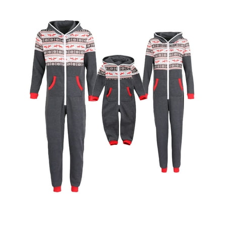 

AvoDovA Family Matching Christmas Pajamas Set Snowflake One-Piece Hooded Zip-Front Romper for Dad Mom Children