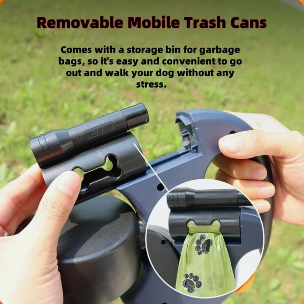 Dual Retractable Dog Leash with LED Flashlight & Poop Bag Holder, Tangle-Free Lock Control, One-Handed Brake for Small Medium Large Dogs