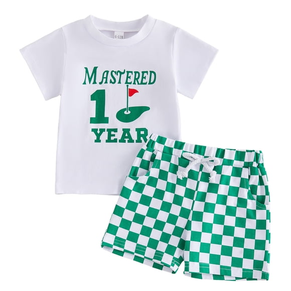 Nwiuh Baby Boy First Birthday Golf Outfit Mastered 1 Year/Hole In One Golf T-Shirt and Plaid Shorts Set 2Pcs Summer Clothes (White, 12-18 Months)