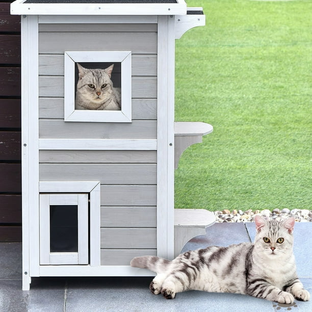 Costway Casita para Gatos Casa de Madera 2 Niveles para Gatitos con Panel Desmontable Techo Asfaltado 3 Puertas 2 Plataformas 51 x 51 x 81 cm