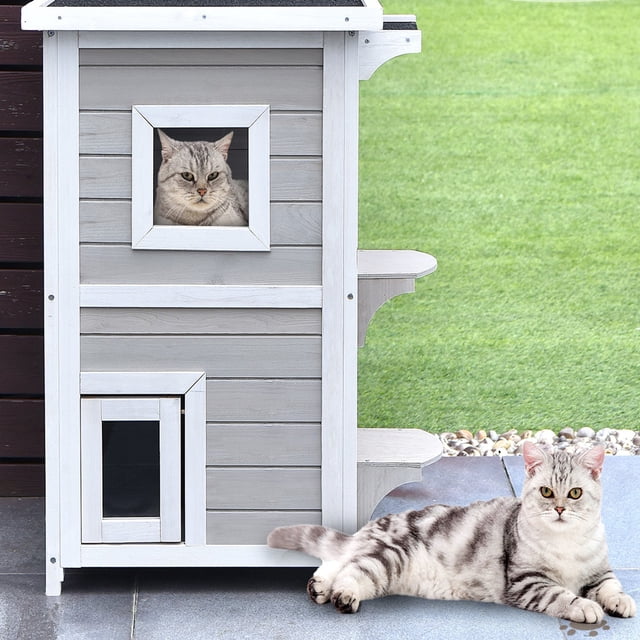 Costway Casita para Gatos Casa de Madera 2 Niveles para Gatitos con Panel Desmontable Techo Asfaltado 3 Puertas 2 Plataformas 51 x 51 x 81 cm