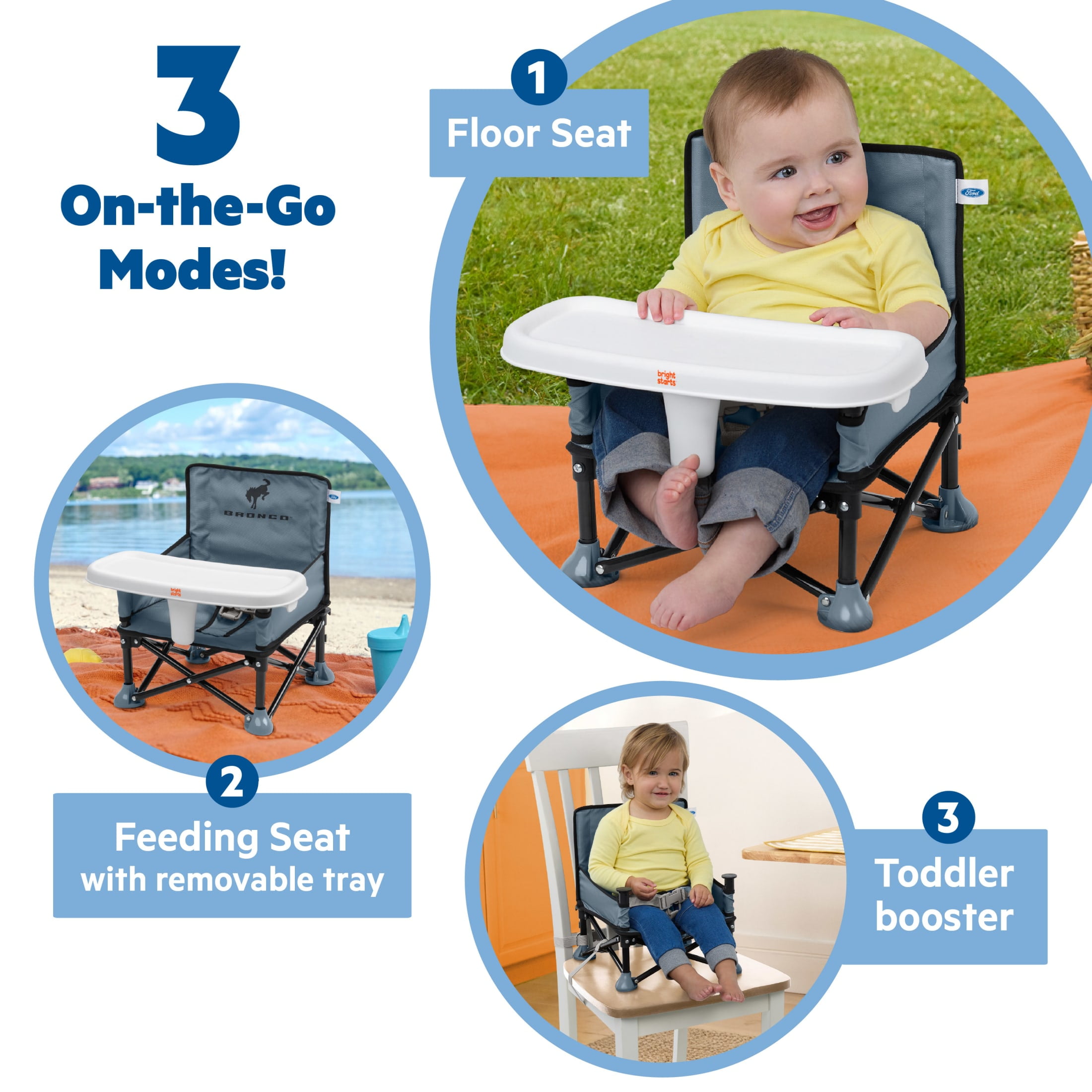 Ford Bronco Pop 'N Sit Portable Booster Chair by Bright Starts, Blue/Gray, Unisex, Infant to Toddler
