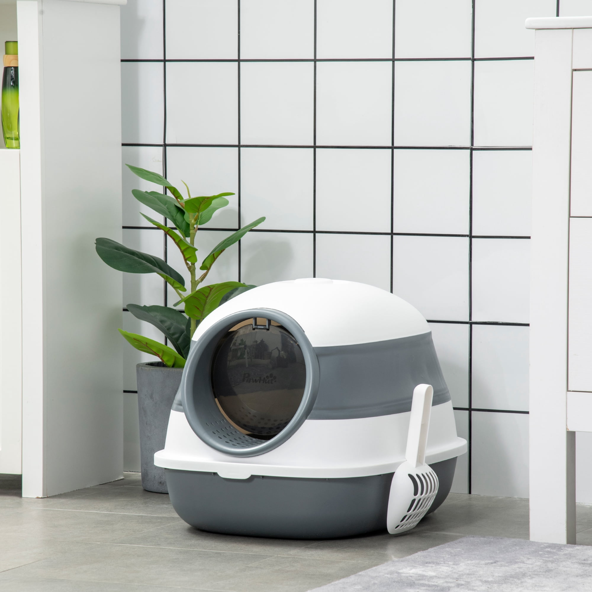 Covered Cat Litter Box with Lid High Sides Air Freshener Two-Way Entrance Foldable Easy Clean Kitty Litter Box with Scoop White Gray