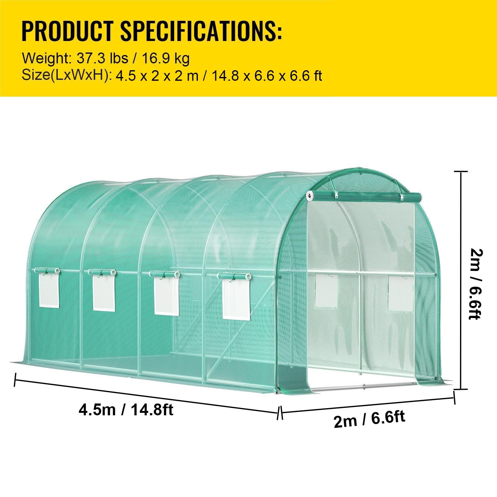 KFFKFF Walk-in Tunnel Greenhouse, 15 x 7 x 7 ft Portable Plant Hot House w/ Galvanized Steel Hoops,Diagonal Poles, Zippered Door & 8 Roll-up Windows, 1 Top Beam, Green