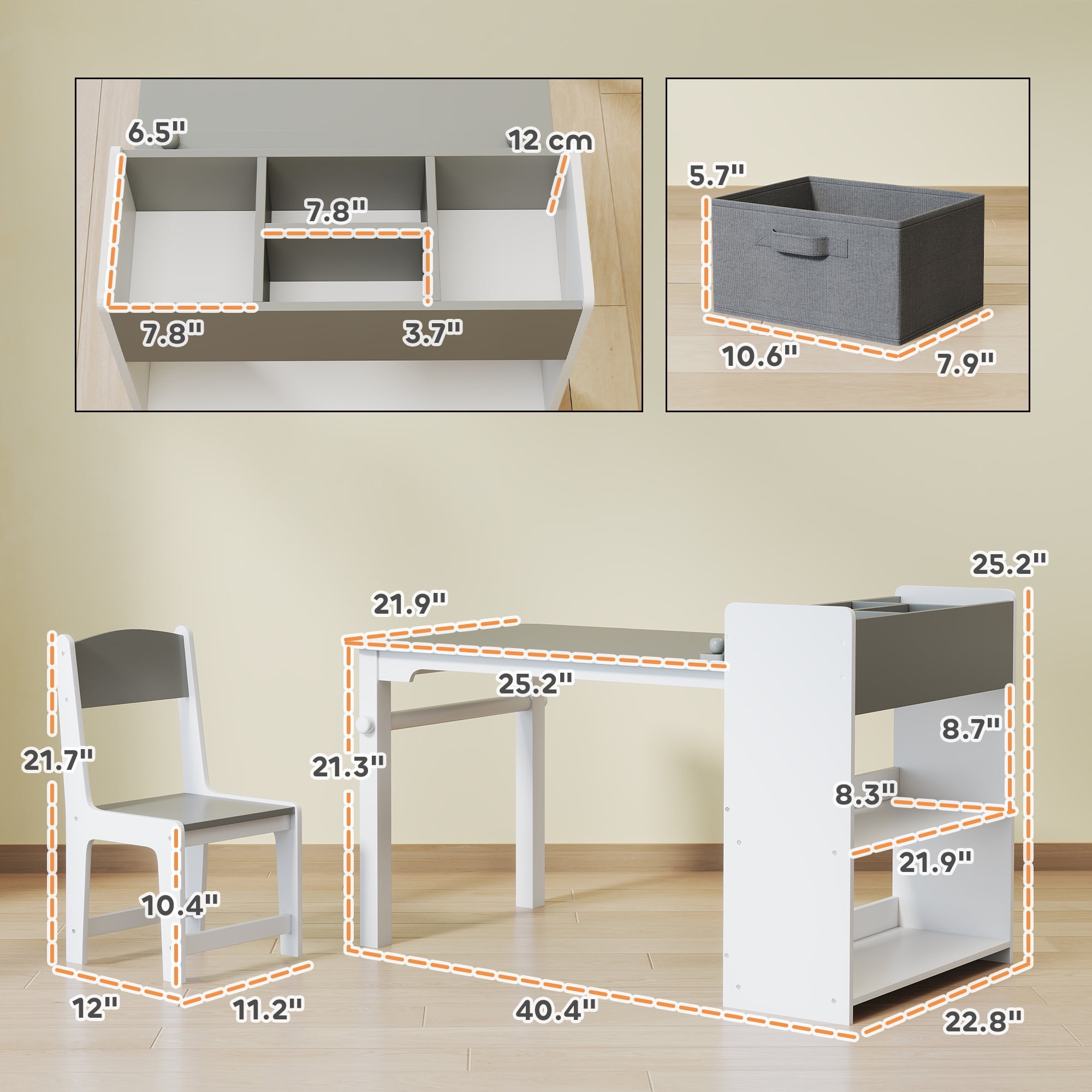 Qaba Kids Desk and Chair Set, Kids Art Table and Chairs Set with Paper Roll, Storage Shelves and Drawers, for Writing Drawing Aged 3-8, Gray