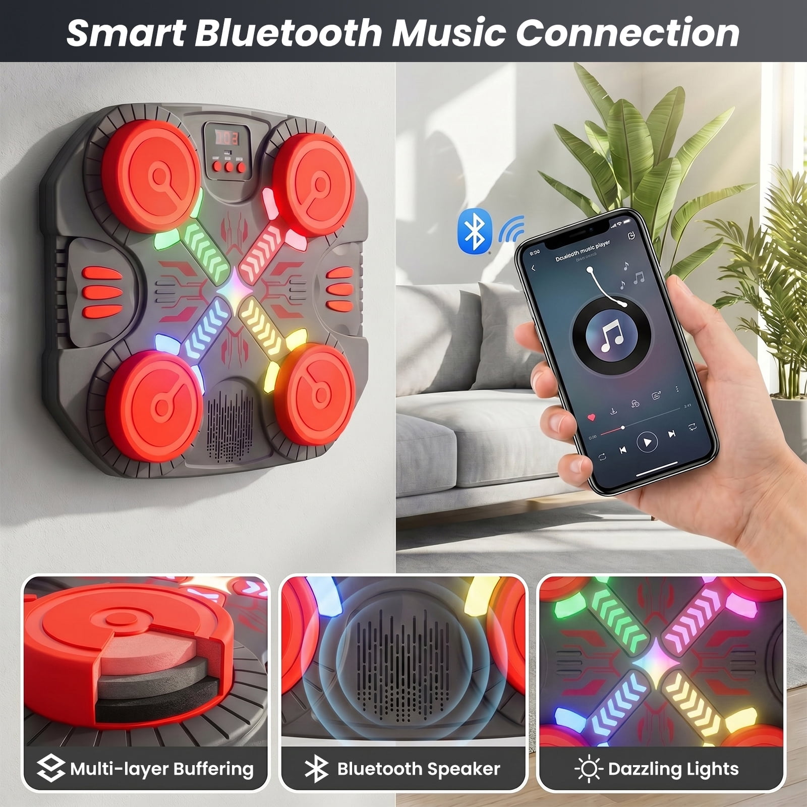 OLGEO Music Boxing Machine, Bluetooth Wall-Mounted Punching Target with LED Lights, 3 Modes & 14 Levels, Includes Gloves for Kids