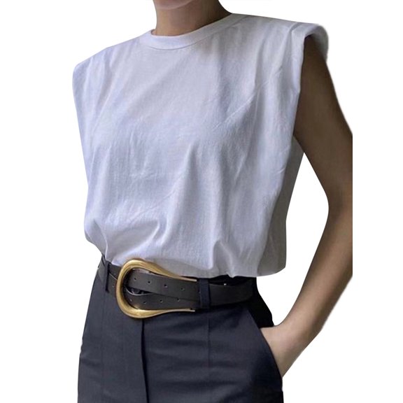 Hirigin Women Padded Shoulder T-Shirts Sleeveless Crewneck Vest Cotton Tank Top