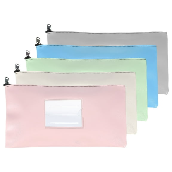 11x6 Inch Money Bags with Zipper, 5Pcs PU Leather Cash Deposit Bank Pouch Envelopes Check Wallet for Coin Cosmetics Invioce Bill, White/Gray/Pink/Blue/Green