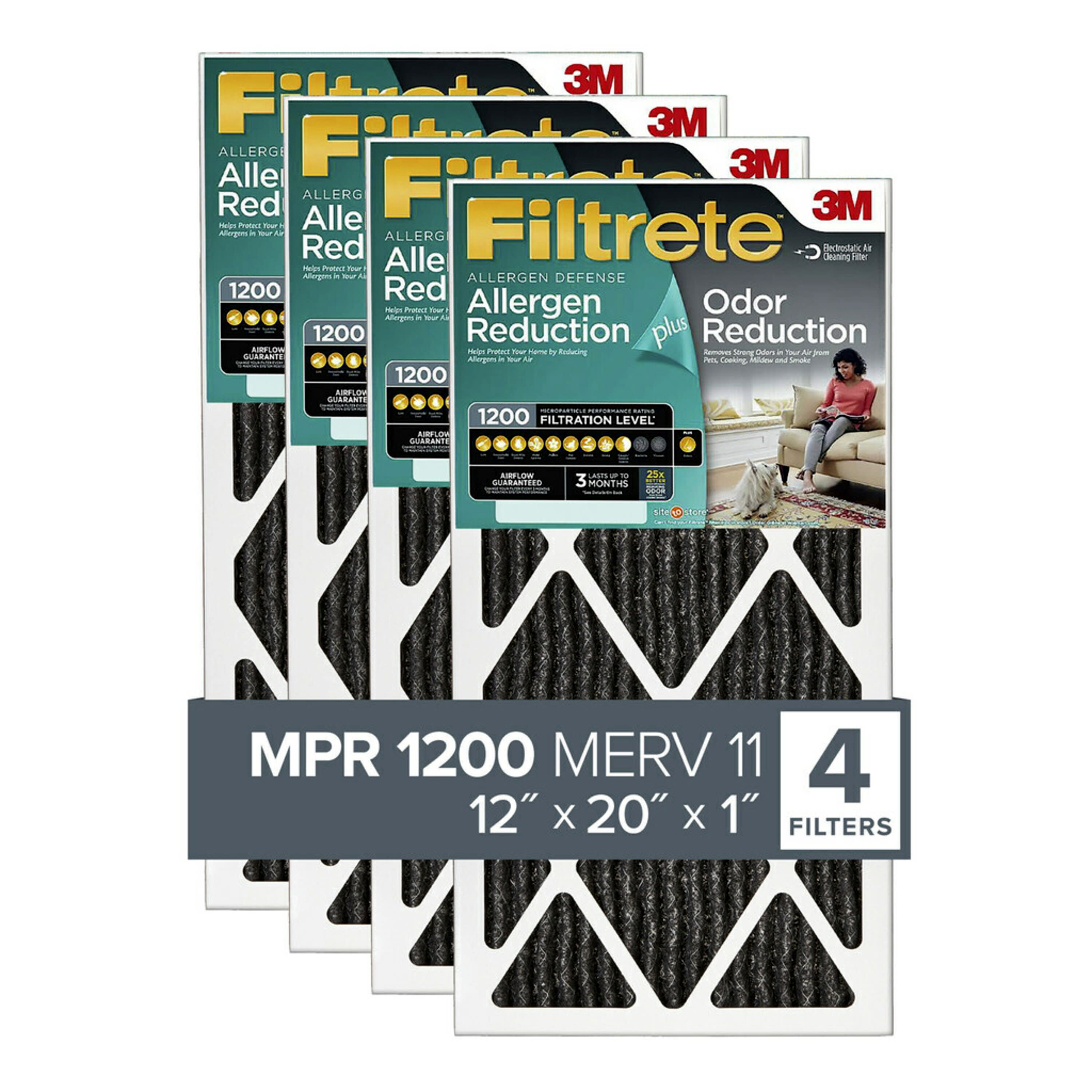 Filtrete 12x20x1, Allergen Plus Odor Reduction HVAC Furnace Air Filter, 1200 MPR, Pack of 4