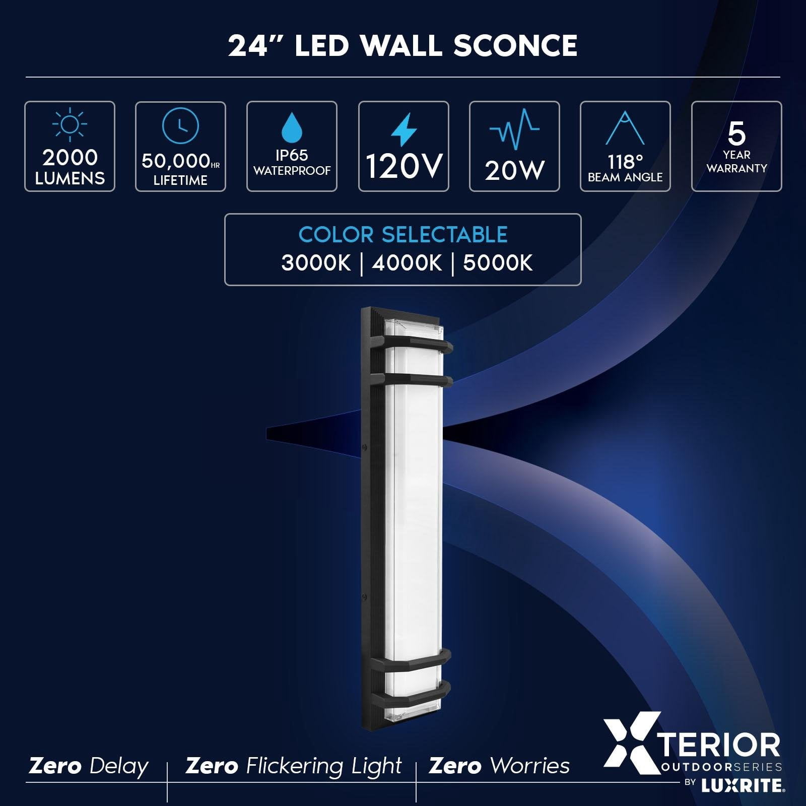 Luxrite LED Outdoor Wall Light, 23.62in Modern Wall Sconce, 3CCT 3000K 4000K 5000K, 20W, Aluminum, IP65 Waterproof