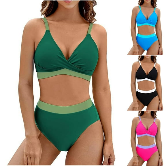 UTSJKR Womens High Waisted Bikini Sets V Neck Twist Front Bathing Suits Two Piece Swimsuits Color Block Tummy Control Swimwear Black M