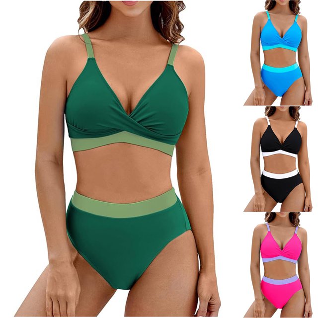 Sentmoon Bikini Set Womens Bikini Plus Size Woman Swimsuit Curvy Color Block Spaghetti Strap Blackless Bathing Suits for Women Hawaiian for Large Bust and Support Green M