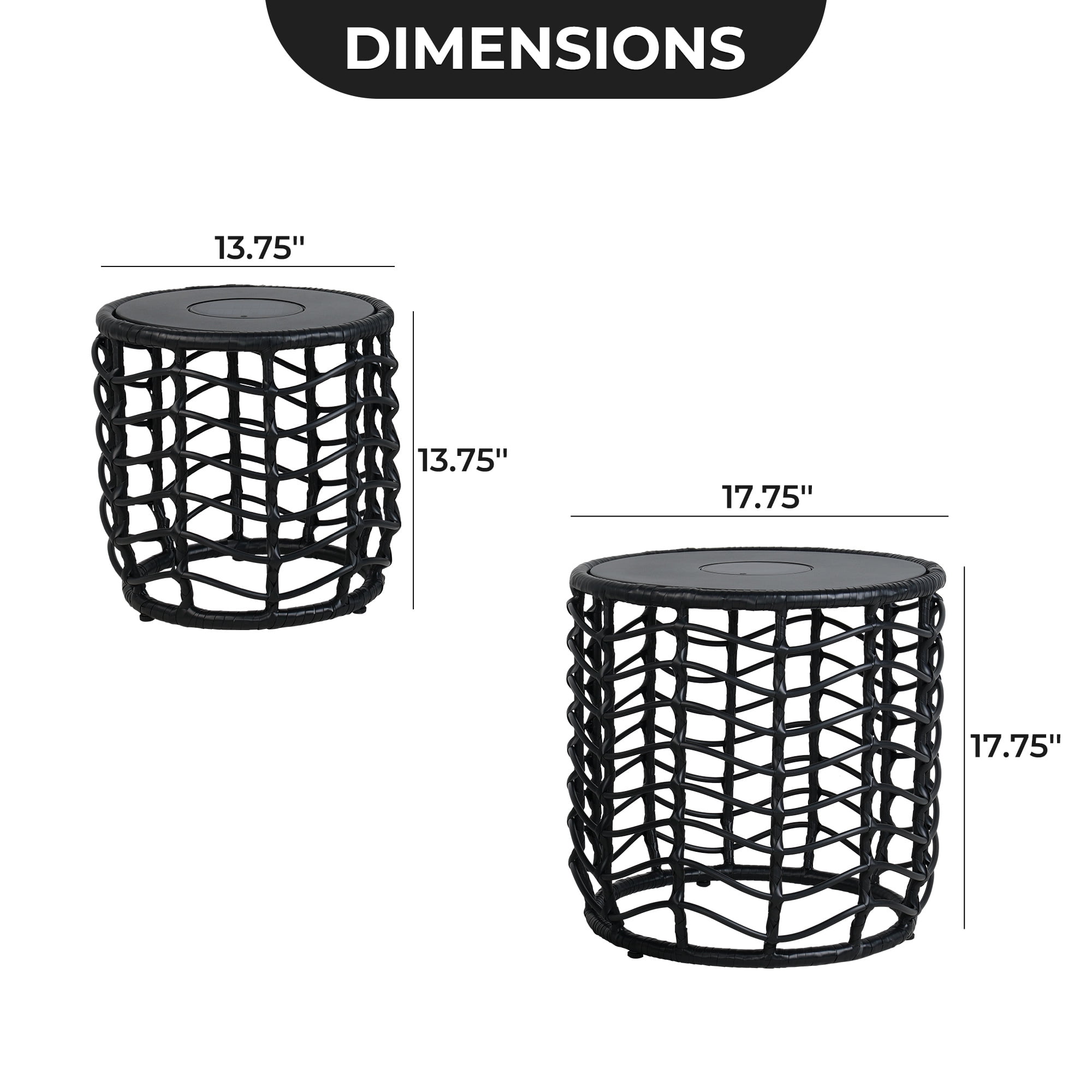 EVERITE Outdoor Side Table Modern Boho Style with Built-in Solar Lights Wave Wicker End Tables Set of 2,Black