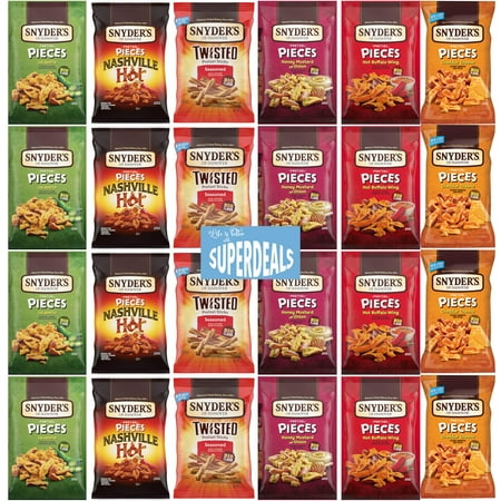 Ultimate Snyders Bundle Package Value Pack Bundled by SUPERDEALS Pack of 24 with mystery gift 4 Cheddar Cheese 4 Hot Buffalo Wing 4 Jalapeno 4 Honey Mustard 4 Nashville Hot 4 Twisted Sticks.