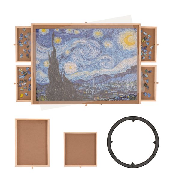 SKYSHALO Pine 1000 Piece Puzzle Board, Portable Puzzle Table w/ Storage Drawers, 30"x21.6" Rotating Wooden Jigsaw Puzzle Plateau for Adults & Kids & Elder