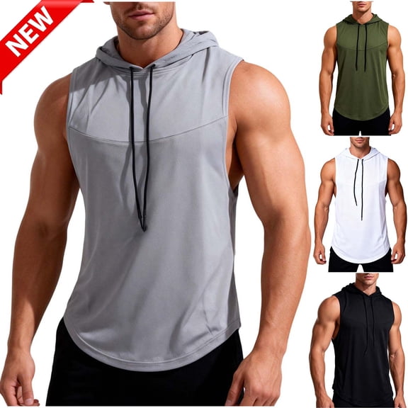 Tqyyweavej Athletic Shirts for Men Quick Dry Drawstring Solid Color Pullover Breathable Short Sleeve Tank Tops with Hood Size M to 3XL