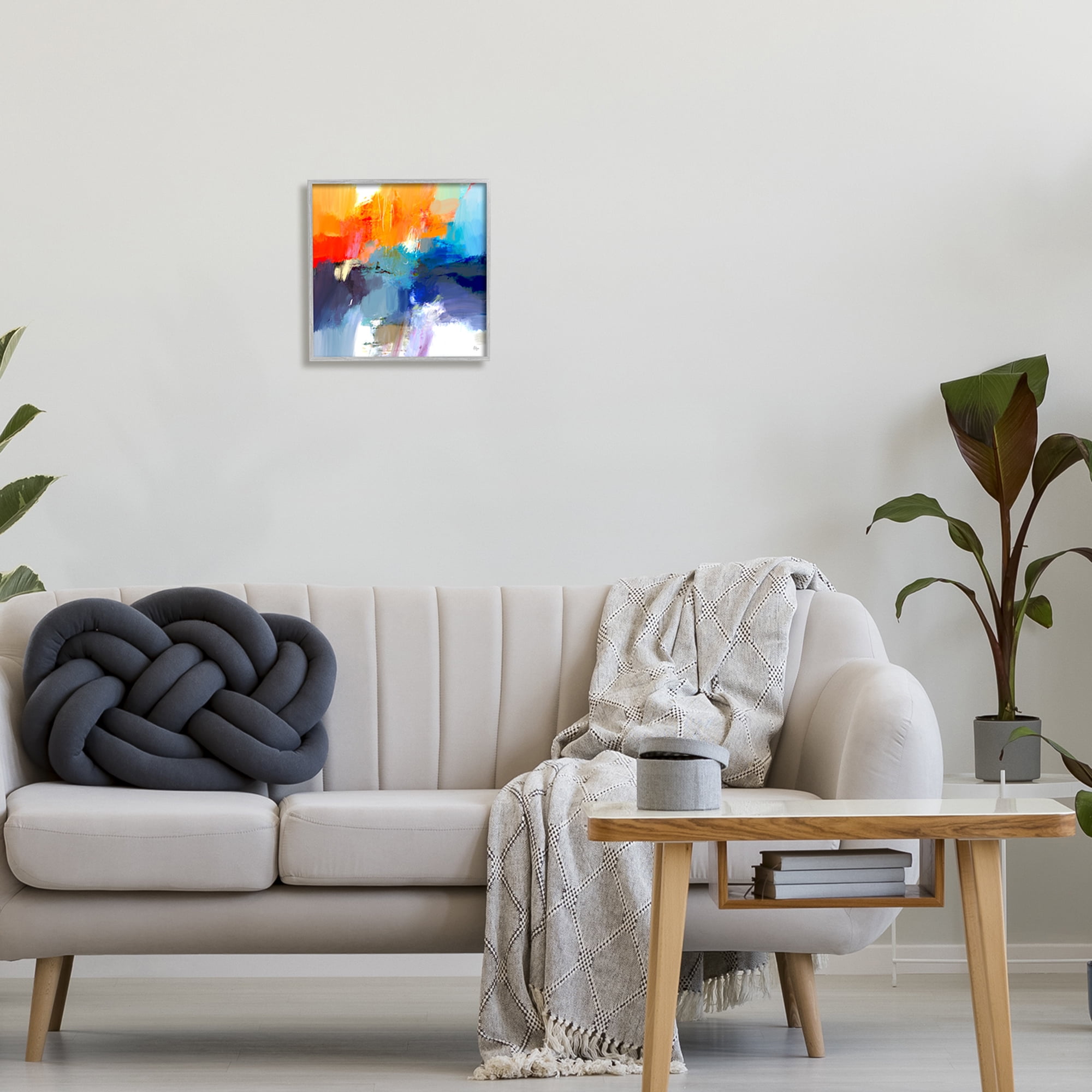 Stupell Industries Orange & Blue Abstraction Abstract Painting Gray Framed Art Print Wall Art, 12 x 12