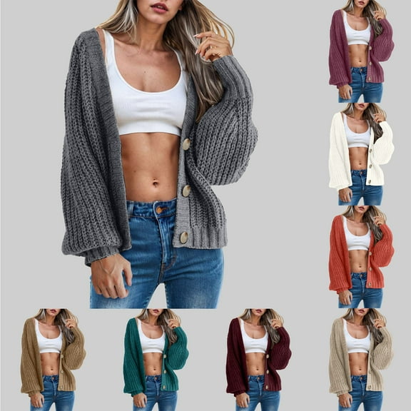 idosla Women's Chunky Knit Open Front Sweater Long Sleeve Button Loose Short Cardigan Outerwear Coats (Red, M)