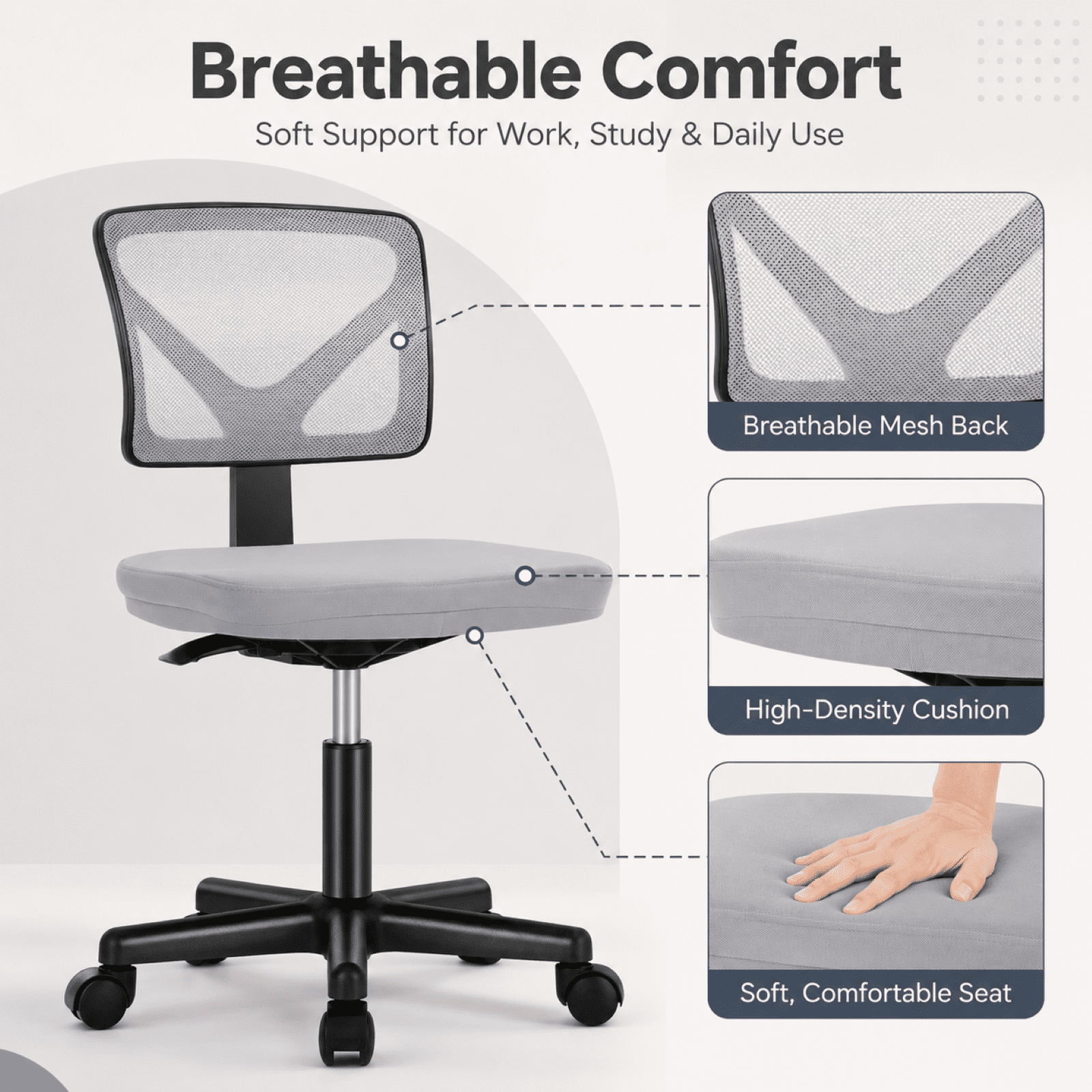 Kelno Small Desk Chair with Wheels Adjustable Computer Desk Chair with Lumbar Support Mesh Ergonomic Low-Back Office Chair, Gray