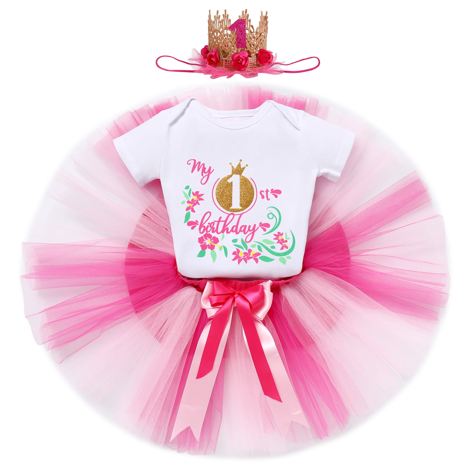 IBTOM CASTLE Infant Baby Girl One Year Old Birthday Outfit Floral Lace Party Cake Smash Romper + Tutu Skirt + Crown Clothes Set for Photo Shoot 1 Year Hot Pink - Crown 1st Birthday