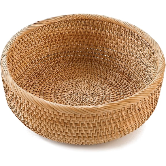 Handmade Rattan Bread Baskets Round Wicker Fruit Serving Storage Bowls, Natural Woven Decorative Kitchen Counter Organizing (Honey Brown) M-9.1"