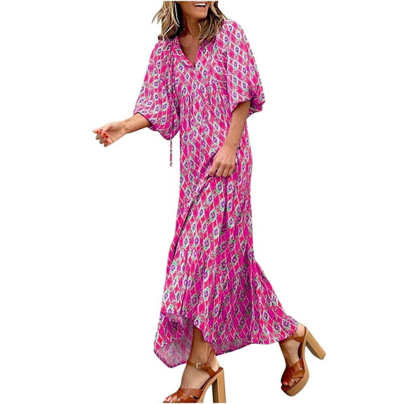 Puff Sleeve Dress Women Loose Casual V Neck Floral Print Holiday Sundress Plus Size Tiered Maxi Long Dress XS-5XL (X-Small, Hot Pink)
