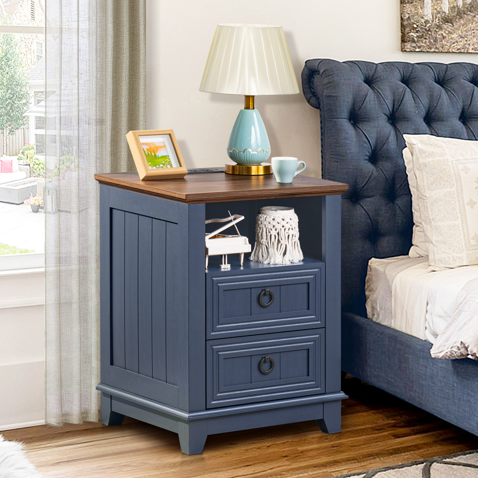 2 Pcs Joaxswe 2 Drawers Farmhouse Nightstand with Charging Station, Bedside Table with Drawers for Bedroom, Adult End Table with Open Shelf, Navy