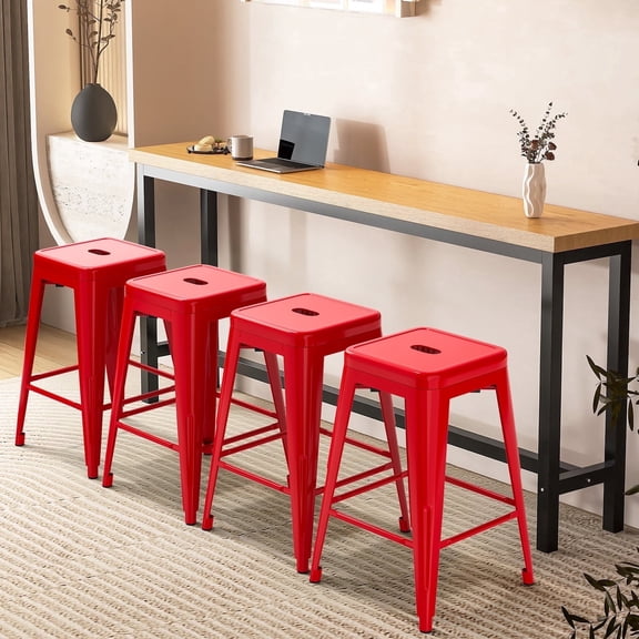 24" Metal Bar Stools Set of 4, Counter Height Stackable Backless Stools, Square Seat, Up to 300 lbs Weight Capacity, Indoor Outdoor Use ( Red Metal )