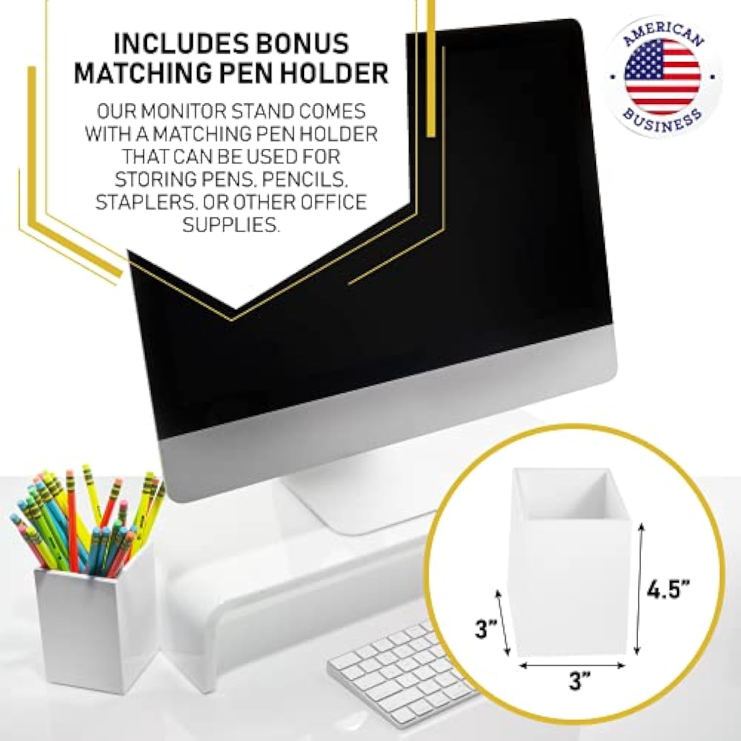 Acrylic Monitor Stand with Matching Pen Holder, 12mm Thick Clear Acrylic Monitor Riser, Laptop Stand for Home, Office, and Work. Computer Desk Riser with Keyboard Storage for LCD LED TV Screen (White)