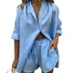 thumbnail image 5 of Qarigey Pantalones cortos de camisa para mujer, 2 uds., con solapa, parte de un solo pecho, pierna ancha conjuntos de ropa Azul M, 5 of 6