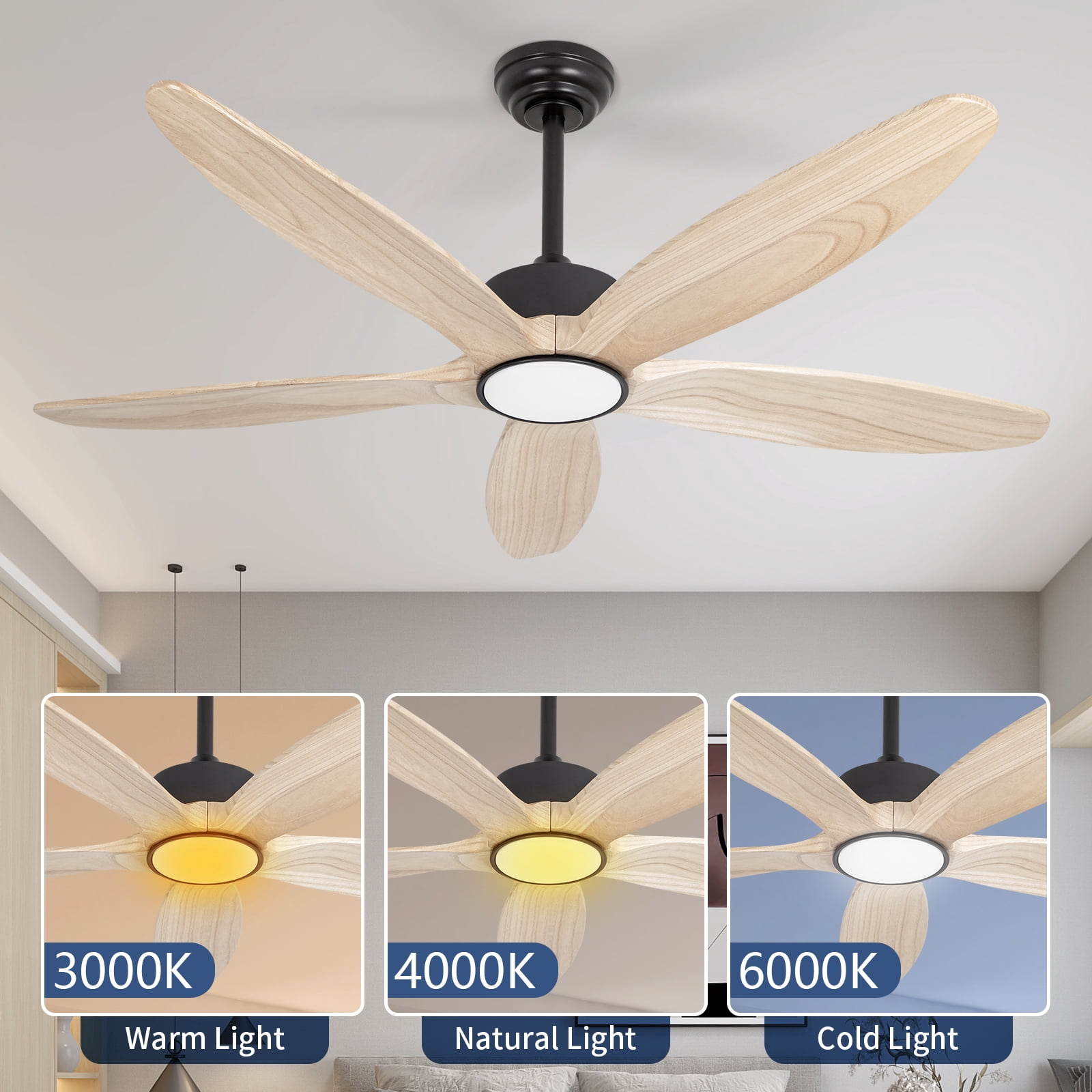 Wozzio 52-Inch Ceiling Fan with LED Light and Remote, 5 Natural Wood Blades, Modern