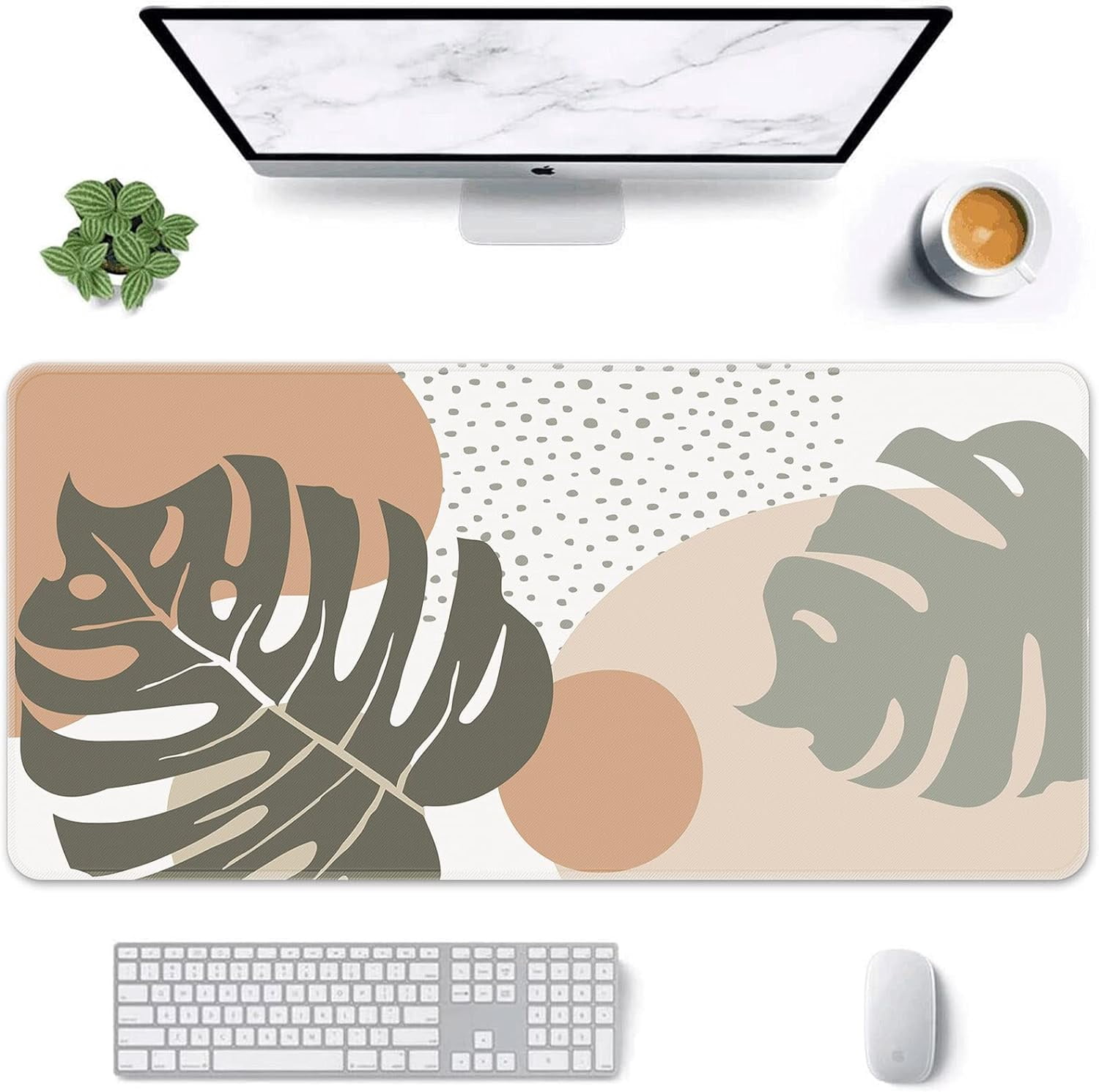 Large Gaming Mouse Pad Boho Style Big Leaves Non-Slip Desk Pad Keyboard and Mouse Desk Mat for Gamer, Office & Home, 31.5 x 15.7 in