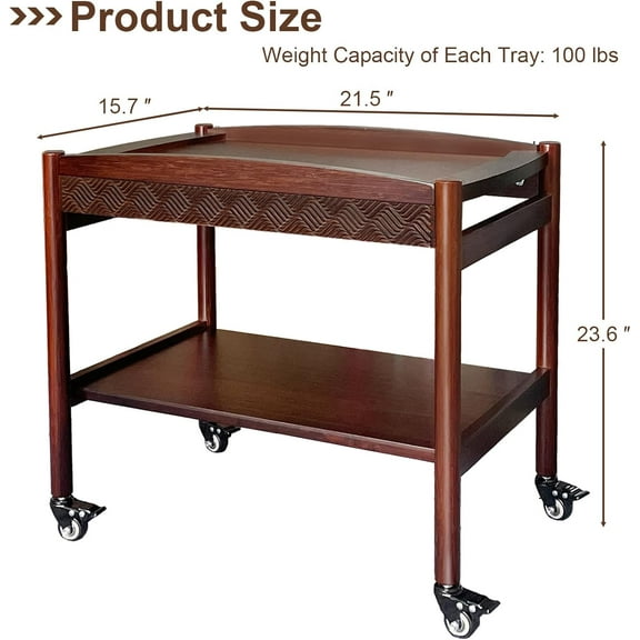 Wooden Sofa Side Table with Wheels, 2-Tier Rolling Tea Cart and Coffee Cart, Mobile Storage Cart with Drawers for Kitchen, Bedroom, Office, Home Bar, and Pantry Organization