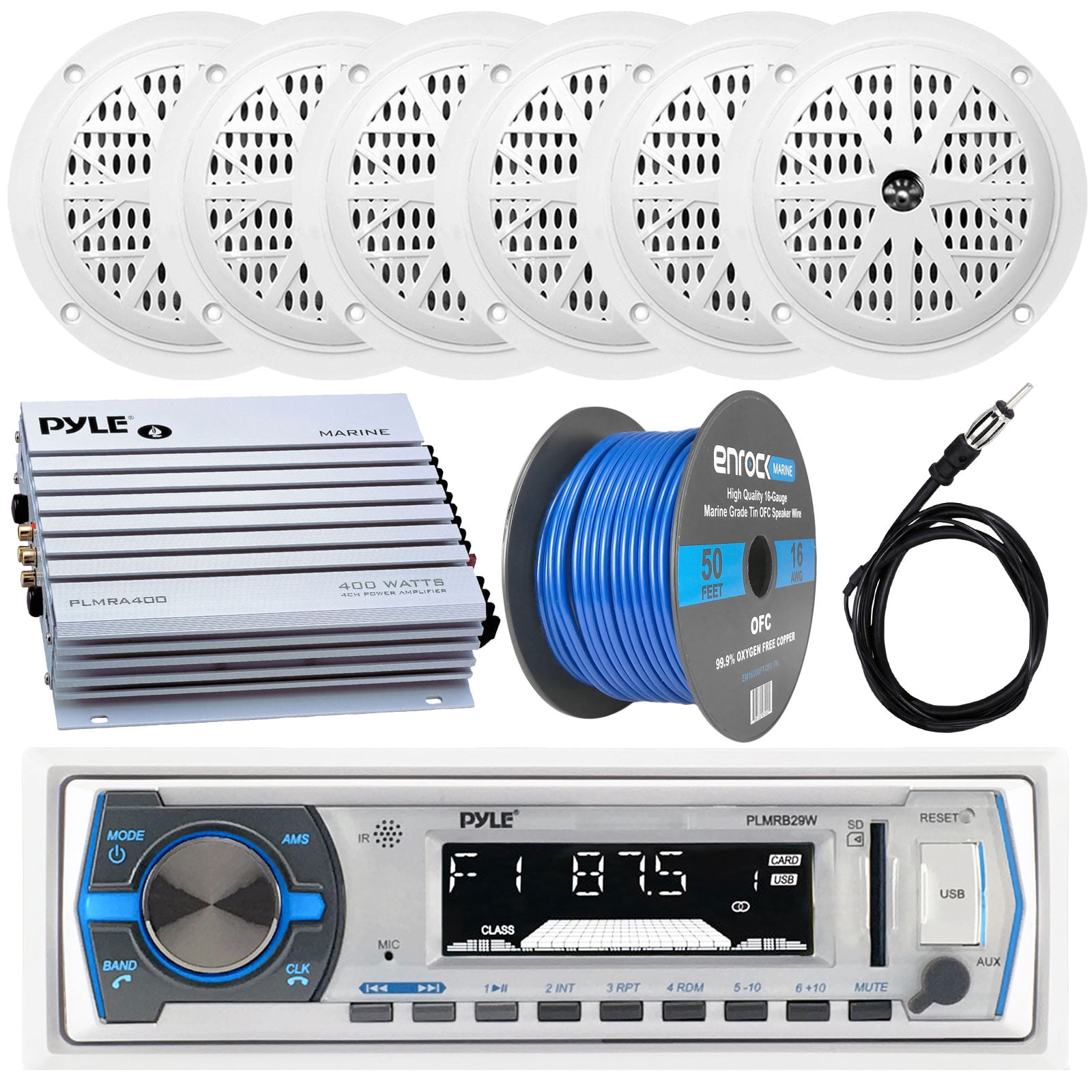 6.5" Pyle 150W  Speakers Marine Antenna PLMRB29W White Marine AM FM USB Radio 