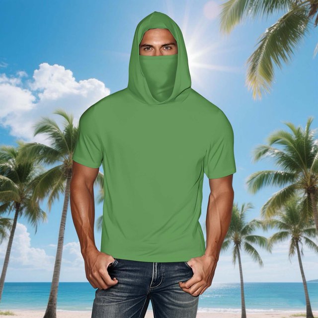 Summer Clothes Ndbuld UNISEX Summer Casual Solid Color Short Sleeve Hooded Ice Silk Sunscreen Cool Sun Protection Lightweight Tops With Face Mask Clearance Under 10,Green,XXXL