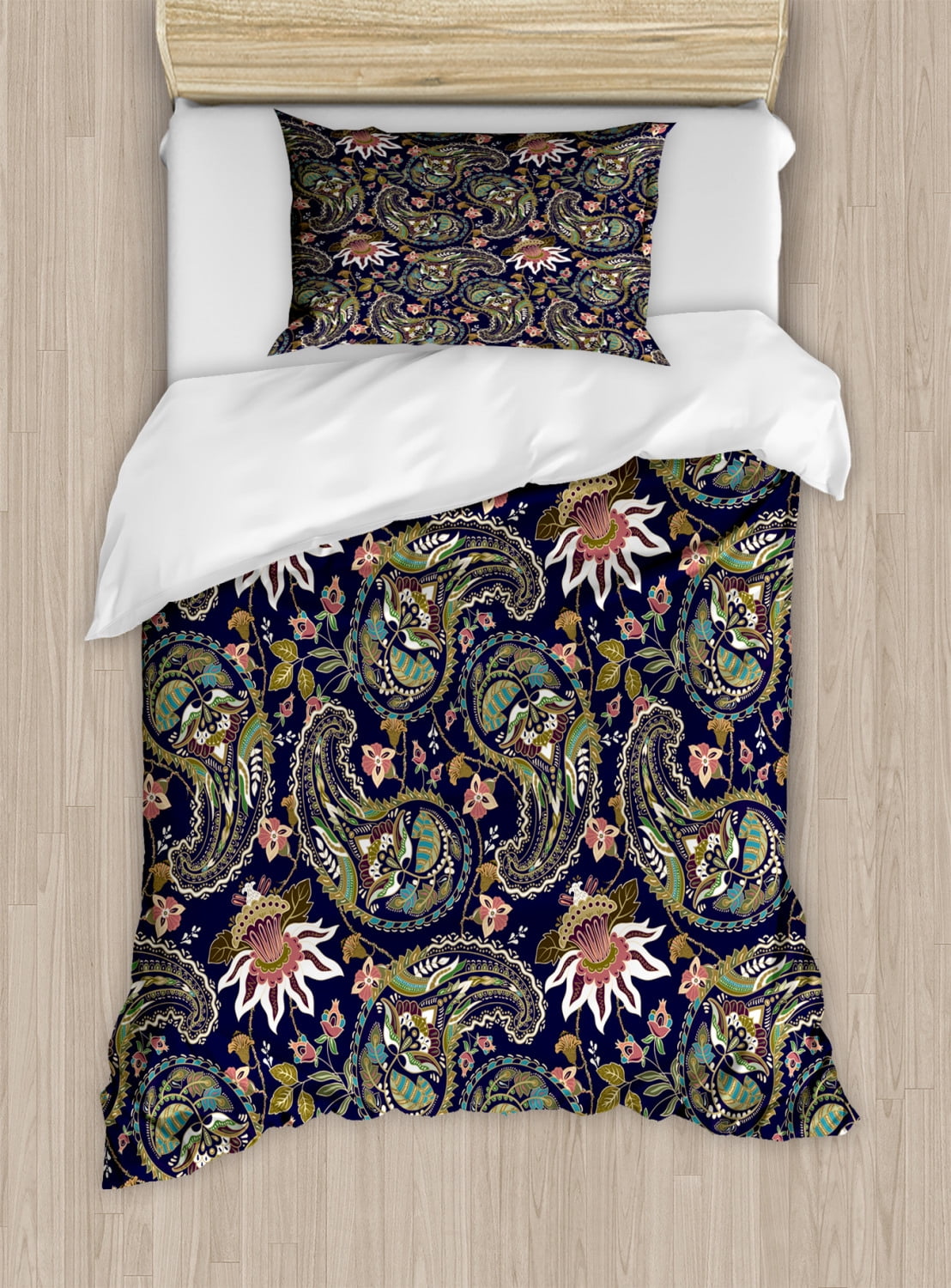 Jacobean Duvet Cover Set, Floral Vintage Nostalgia Pattern with Paisley