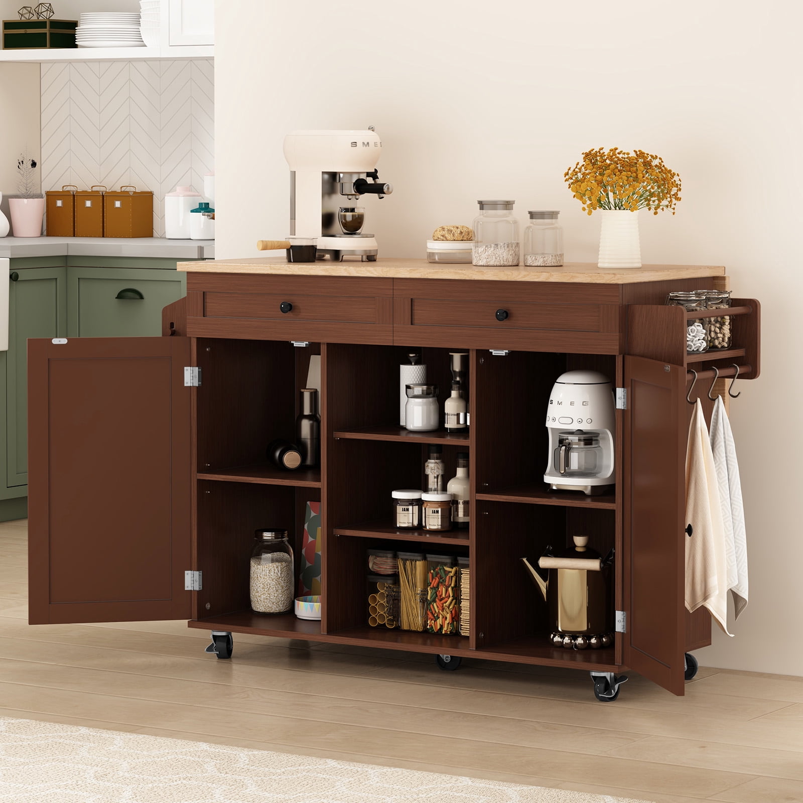 HLR 51.7" W Rolling Kitchen Island on Wheels, Adjustable Shelves, Breakfast Bar with Storage, Brown