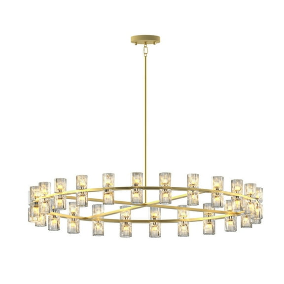 48 Inch Gold Wagon Wheel Chandelier with Crystal Shade, 48 Lights, Modern Farmhouse Style, Ideal for Dining Room, Kitchen, Entryways