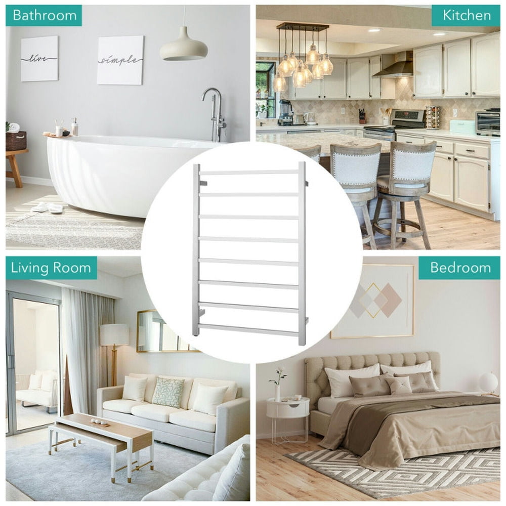Finihen Wall Mounted Towel Rack, Electric Heated Towel Rack, 145W Electric Towel Warmer Wall Mounted Heated Drying Rack 8 Square Bars, for Bathroom, laundry Room, Silver