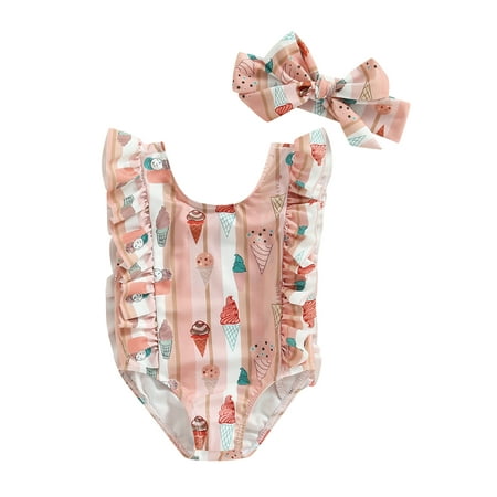 

Baby Girl Ruffle Swimsuit Infant One Piece Ice Cream Print Bikini Beach Bathing With Bow Headband